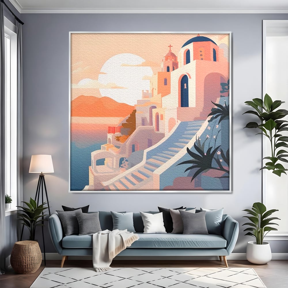 Tablou canvas cu ilustratie digitala cu biserica greceasca la apus, in rama de aluminiu argintiu, pe perete intr-un living